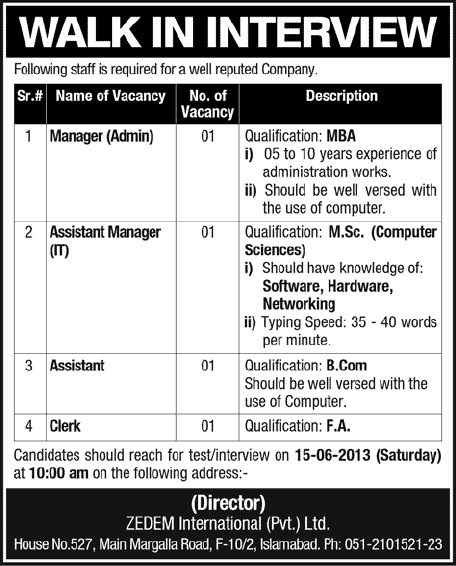 Jobs in Islamabad for Admin Manager, Assistant Manager IT, Assistant & Clerk 2013 June Latest at ZEDEM International