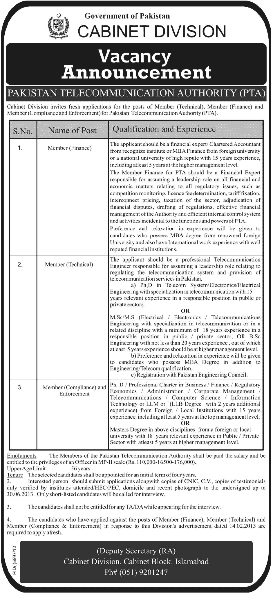 Pakistan Telecommunication Authority Jobs 2013 June Members Finance, Technical and Compliance & Enforcement