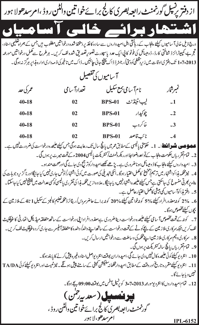 Government Rabia Basri College for Women Lahore Jobs 2013 June Lab Attendant, Chowkidar, Khakroob & Naib Qasid