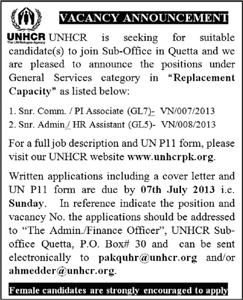 UNHCR Jobs in Quetta Pakistan 2013 June / July Communication/PI Associate & Admin/HR Assistant