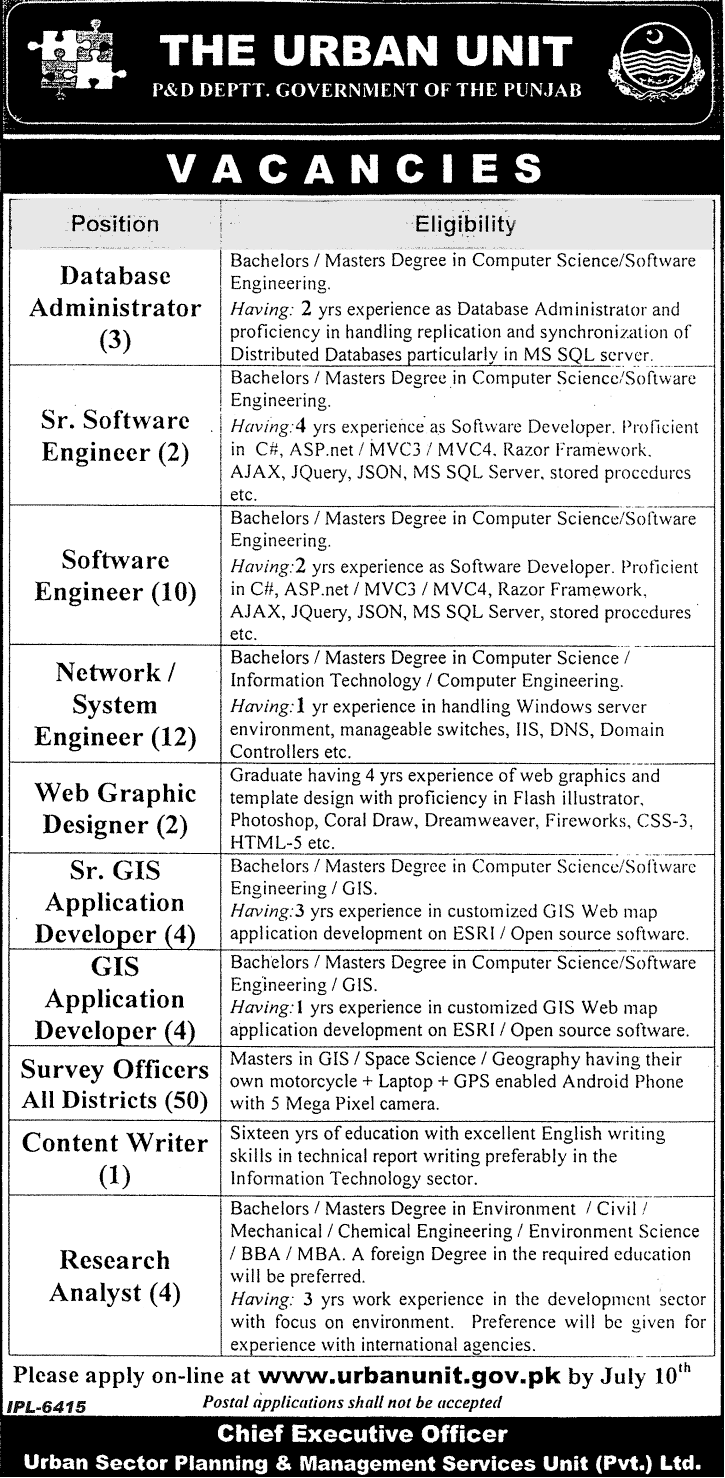 Urban Unit Jobs 2013 July / June Lahore Apply Online Pakistan