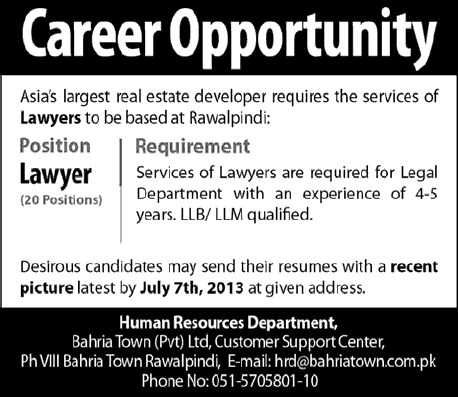 Lawyers Jobs in Bahria Town Rawalpindi 2013-July-02 Advertisement Daily Jang Newspaper
