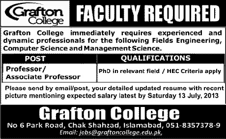 Grafton College Islamabad Jobs 2013 July for Faculty (Professors & Assistant Professors)