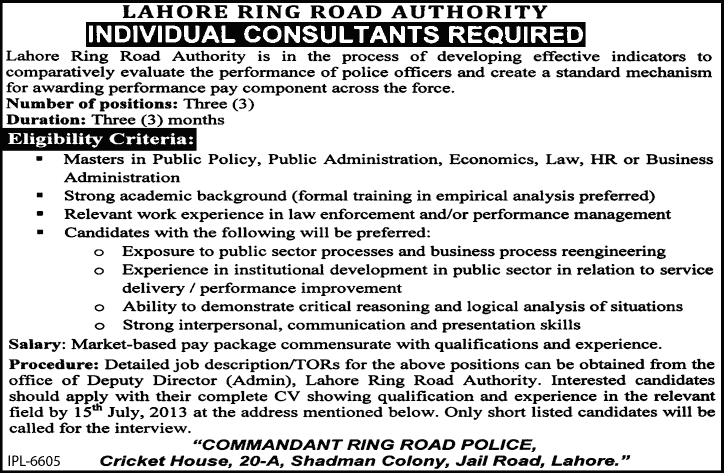 Lahore Ring Road Authority Jobs 2013 July for Individual Consultants for Performance Evaluation of Police Officers