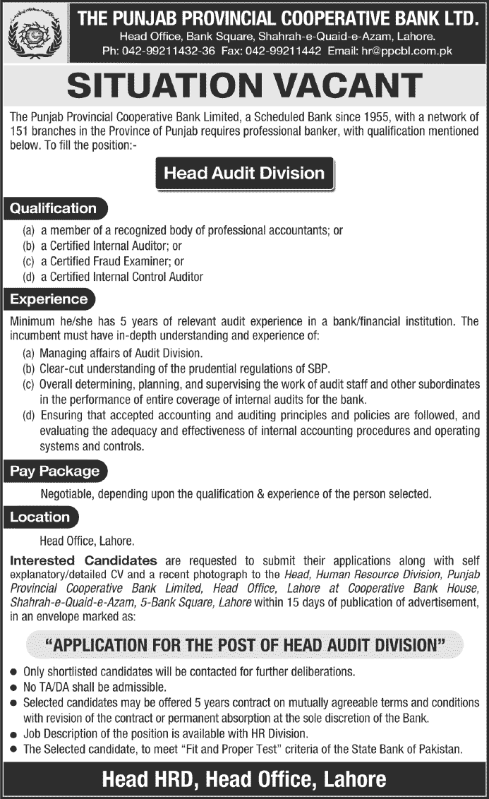 Punjab Provincial Cooperative Bank Jobs 2013 July in Lahore for Head Audit Division
