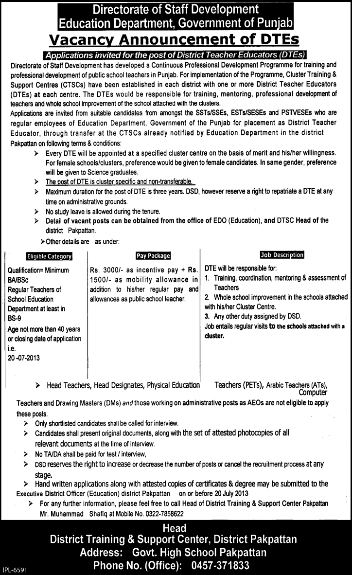 District Teacher Educators Jobs in Pakpattan 2013 at District CTSCs of Punjab Education Department