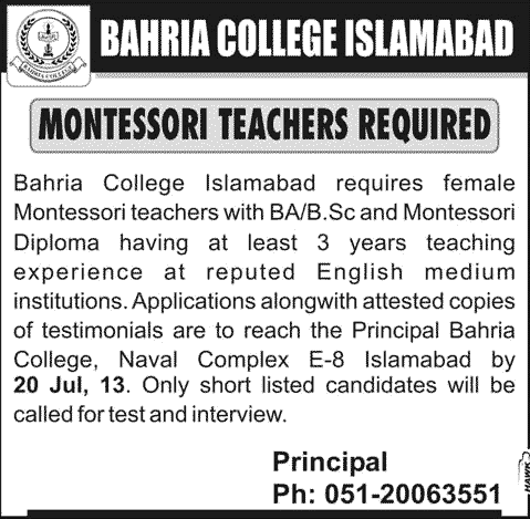 Bahria College Islamabad Jobs 2013 July Montessori Teachers Female Latest