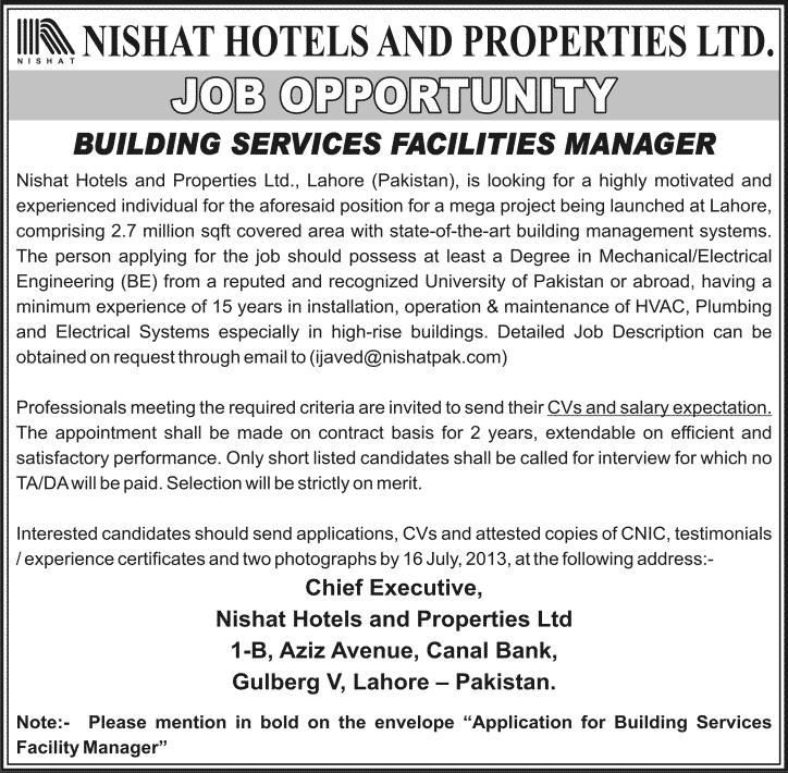 Nishat Hotels and Properties Limited Lahore Job 2013 July for Building Services Facilities Manager