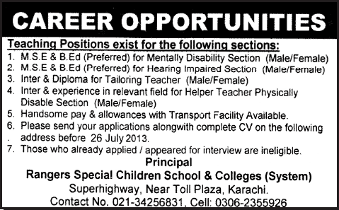 Teaching Jobs in Karachi July 2013 Latest at Rangers Special Children School & Colleges System