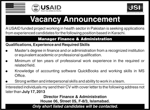 Karachi Jobs Manager Finance & Administration 2013 July Latest at a USAID Funded Project