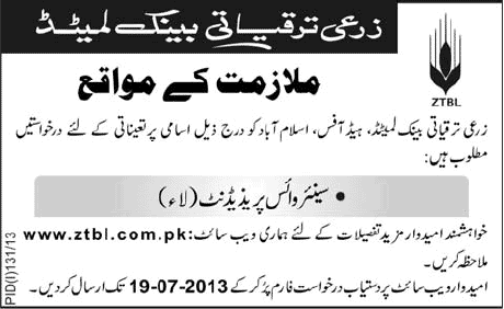 Zarai Taraqiati Bank Limited Islamabad Senior Vice President Law Jobs 2013-July-10 Jang Advertisement