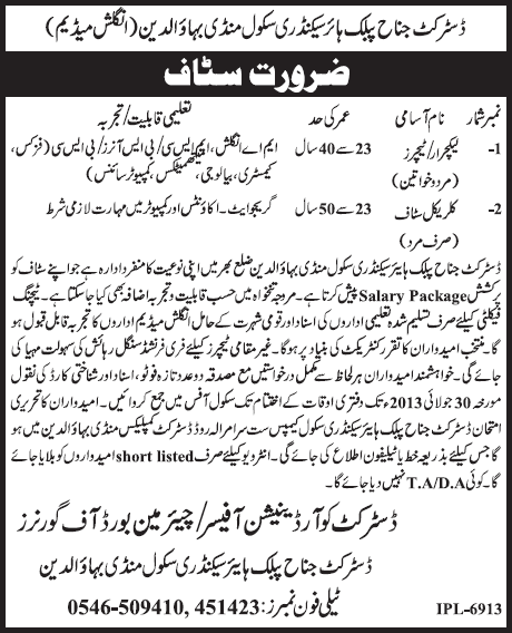 District Jinnah Public Higher Secondary School Mandi Bahauddin Jobs 2013 July Lecturers / Teachers & Clerical Staff