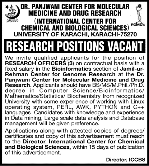 Dr. Panjwani Center for Molecular Medicine and Drug Research, ICCBS, Karachi University Jobs 2013 July Research Officers