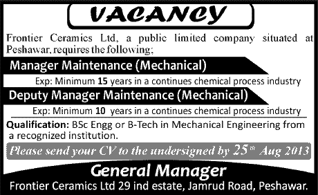 Maintenance Manager Jobs in Peshawar 2013 August Mechanical Engineers at Frontier Ceramics Limited