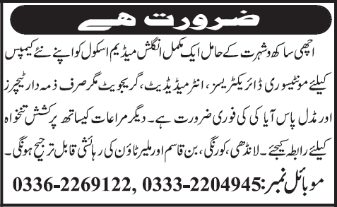 Montessori Directress Jobs in Karachi 2013 August Teachers & Aaya / Nanny