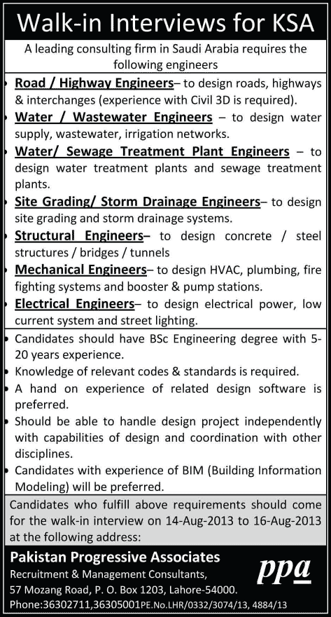 Engineering Jobs in Saudi Arabia for Pakistanis 2013 August Latest at a Construction Consulting Company through PPA