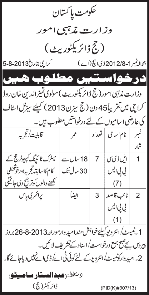 Hajj Directorate Karachi Jobs 2013 August Lower Division Clerk (LDC) & Naib Qasid Walk in Interview
