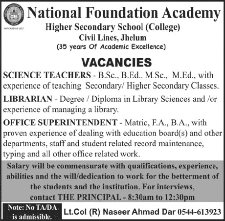 Teaching Jobs in Jhelum 2013 August Latest for Teachers, Librarian & Office Superintendent