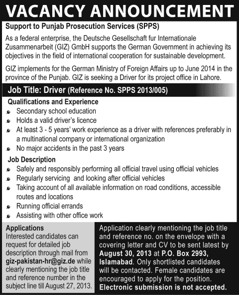 GIZ Pakistan Jobs 2013 August in Lahore for Driver at Support to Punjab Prosecution Services (SPPS) Project