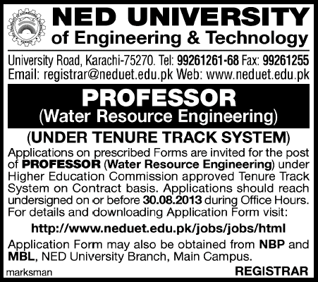 Water Resource Engineering Professor Jobs in Pakistan 2013 Faculty at NED University Karachi