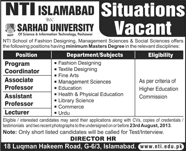 NTI Islamabad Jobs 2013 August Faculty & Program Coordinator at National Textile Institute / Sarhad University