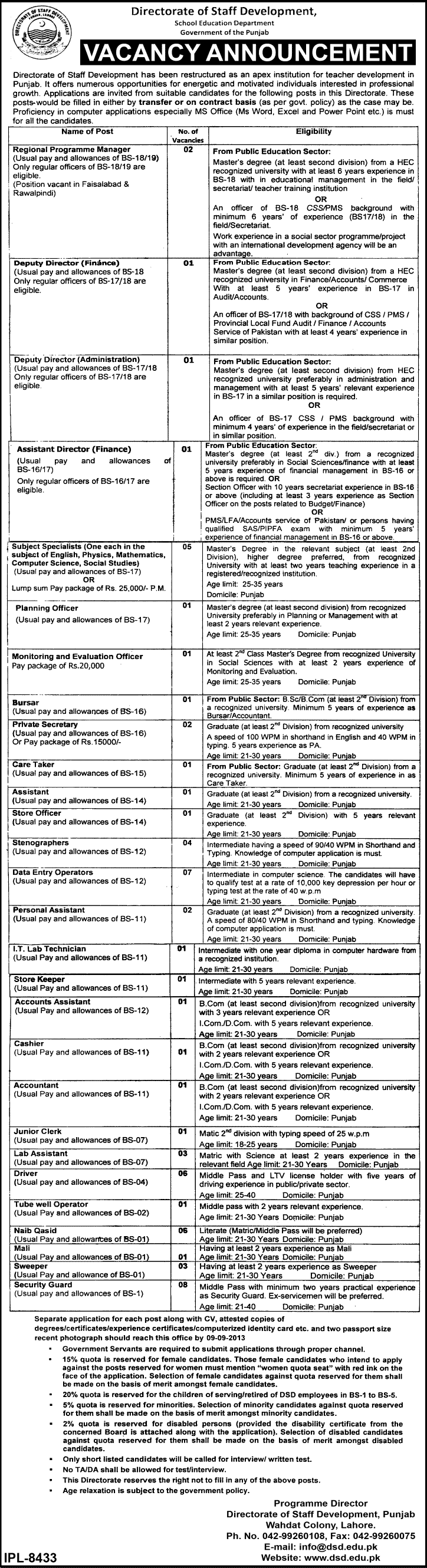 Directorate of Staff Development Punjab Jobs 2013 August Lahore Latest Advertisement Jang