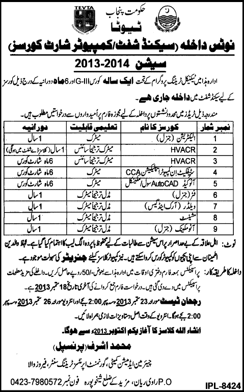 TEVTA Ferozewala Muridke Admission 2013 Short Courses at Government Apprentices Training Center