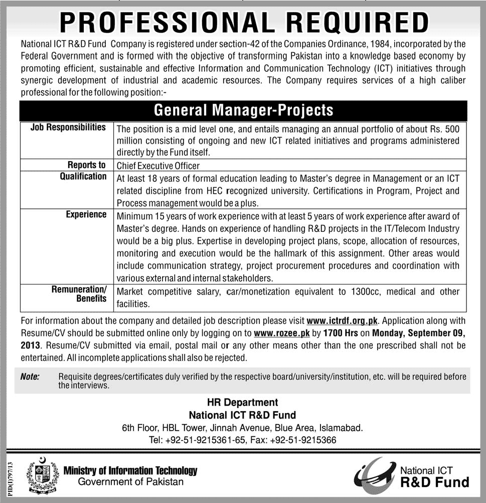 National ICT R & D Fund Jobs 2013 August Islamabad Latest for General Manager Projects