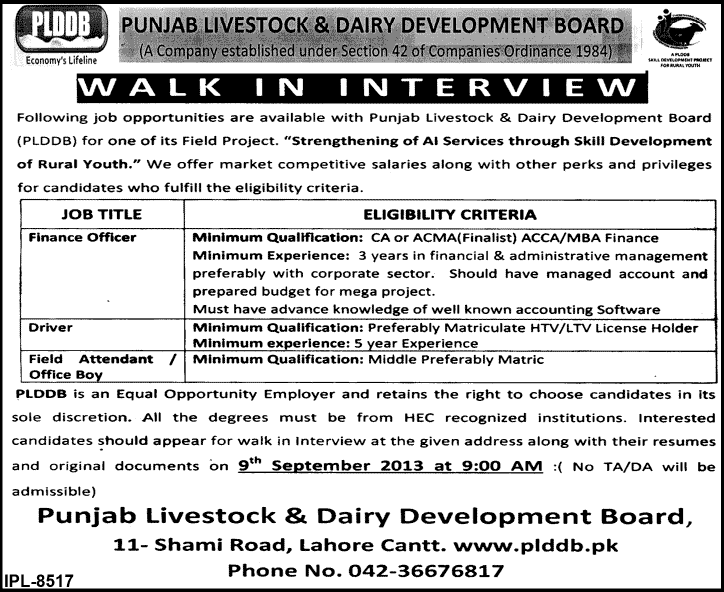 Punjab Livestock & Dairy Development Board Jobs 2013 August Lahore PLDDB Latest Finance Officer & Other Staff