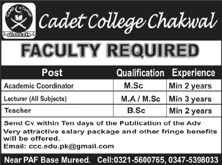 Teaching Jobs in Chakwal 2013 August Lecturers & Academic Coordinator at Cadet College