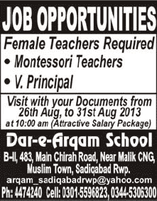 Female Teaching Jobs in Rawalpindi 2013 August Latest Montessori Teachers & Vice Principal at Dar-e-Arqam School
