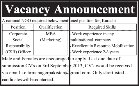 Corporate Social Responsibility Jobs in Karachi 2013 August Pakistan Latest CSR Officer at an NGO