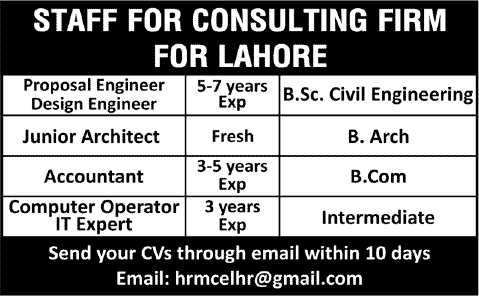 Jobs in Lahore 2013 August Civil Engineer, Architect, Accountant & Computer Operator