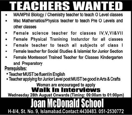 Joan McDonald School Islamabad Jobs 2013 Teachers Walk in Interviews