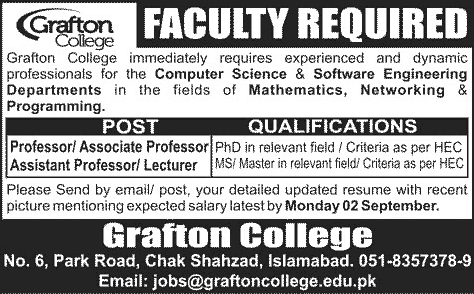 Grafton College Islamabad Jobs 2013 August for Faculty (Lecturer / Assistant / Associate / Professor)