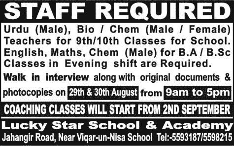 Teaching Jobs in Rawalpindi 2013 August School / College Teachers at Lucky Star School & Academy