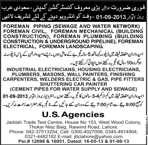 Jobs in Saudi Arabia in Construction Company 2013 Latest through U.S. Agencies Lahore