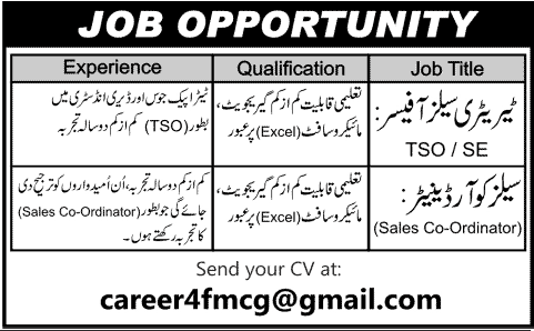 Sales Jobs in Pakistan 2013 September Territory Sales Officer (TSO / SE) & Sales Coordinator