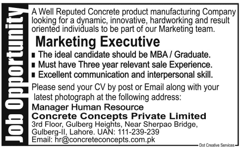 Marketing Executive Jobs in Lahore 2013 September Latest at Concrete Concepts Private Limited