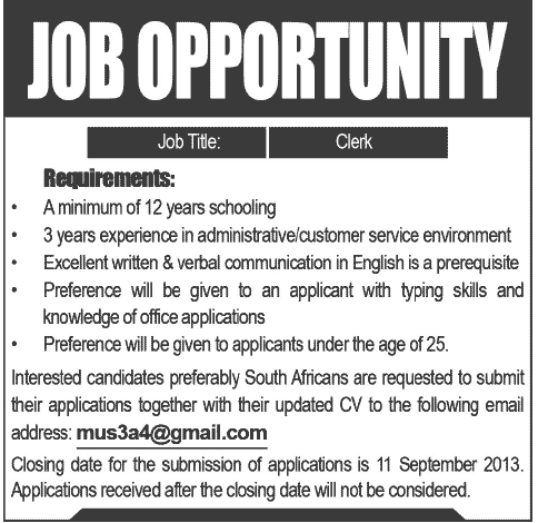 Clerk Jobs in Pakistan 2013 September Latest