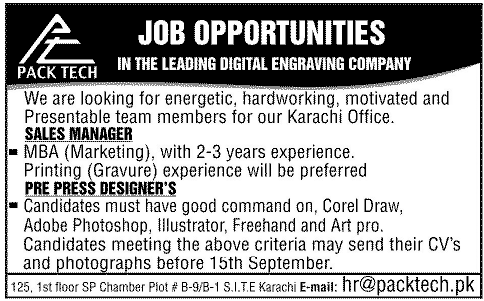 Pack Tech Jobs 2013 September Karachi Latest for Sales Manager & Pre-Press Designers