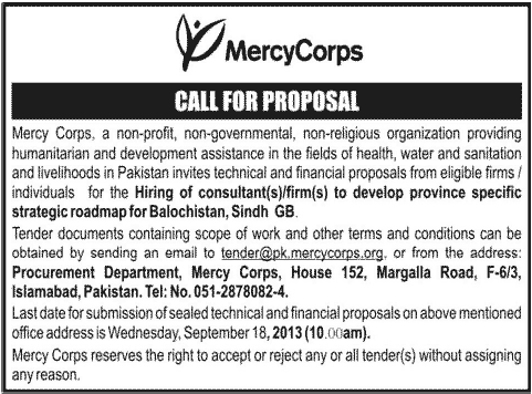 Mercy Corps Pakistan Job for Consultant September 2013 Latest Advertisement