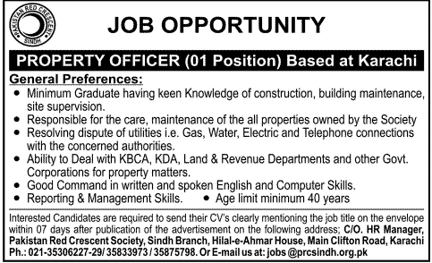 Property Officer Jobs in Karachi 2013 September at Pakistan Red Crescent Society Sindh Branch