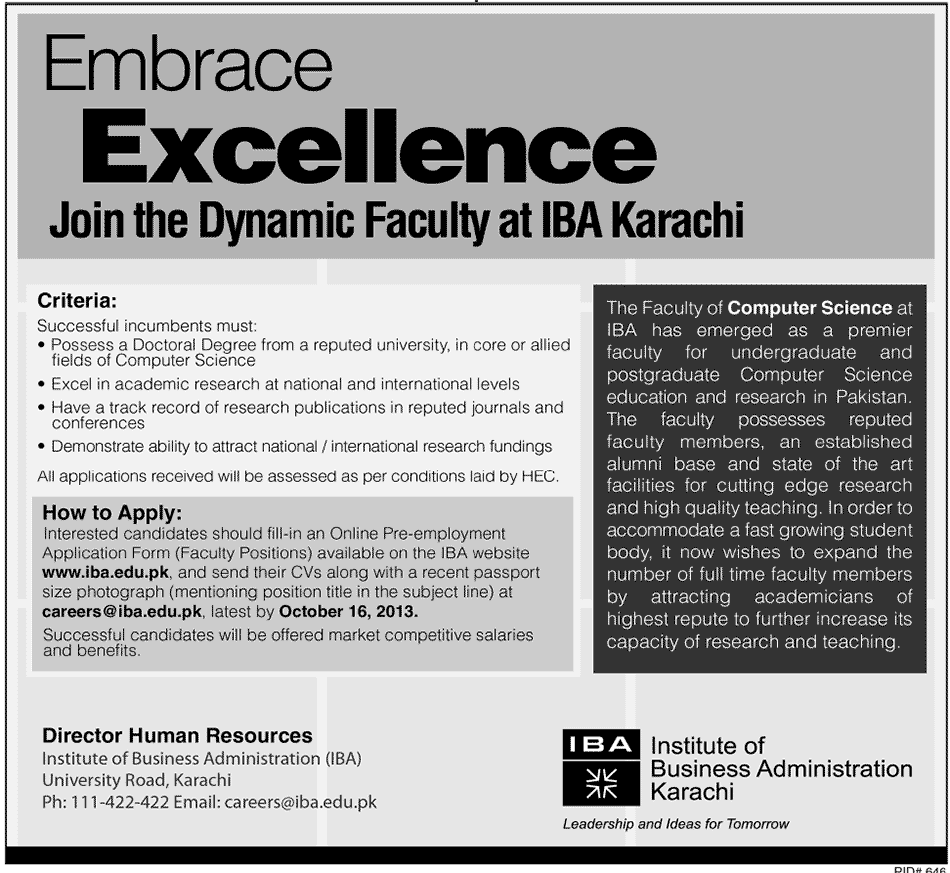 Computer Science Faculty Jobs in IBA Karachi 2013 September Latest