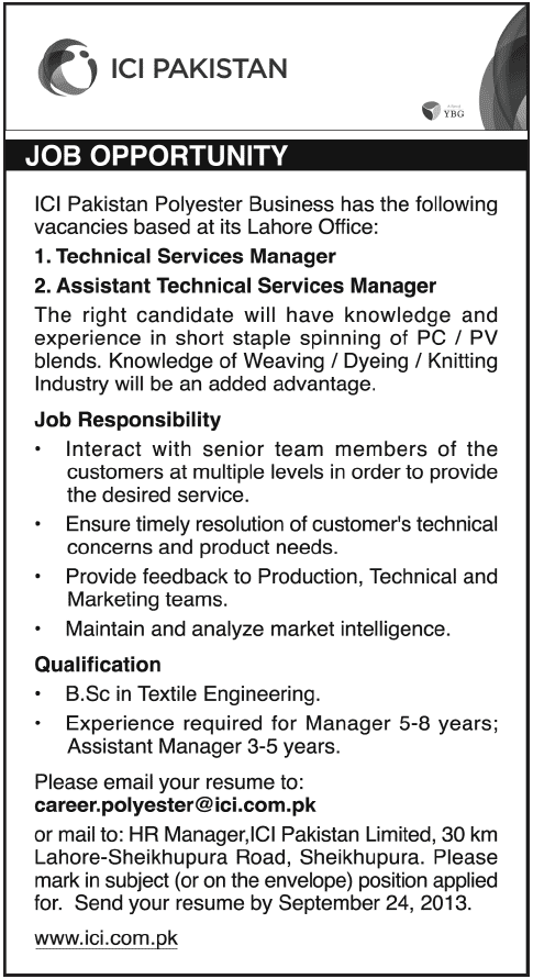 ICI Pakistan Jobs 2013 September for Assistant / Technical Services Manager
