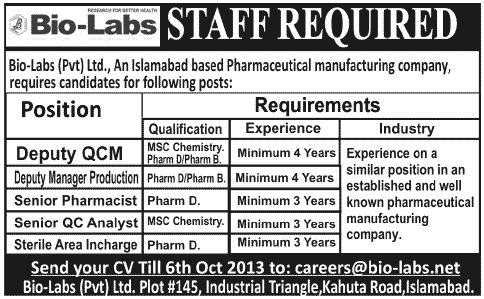 Bio-Labs (Pvt.) Ltd Islamabad Jobs 2013 September for Pharmacists & Quality Control Manager / Analyst