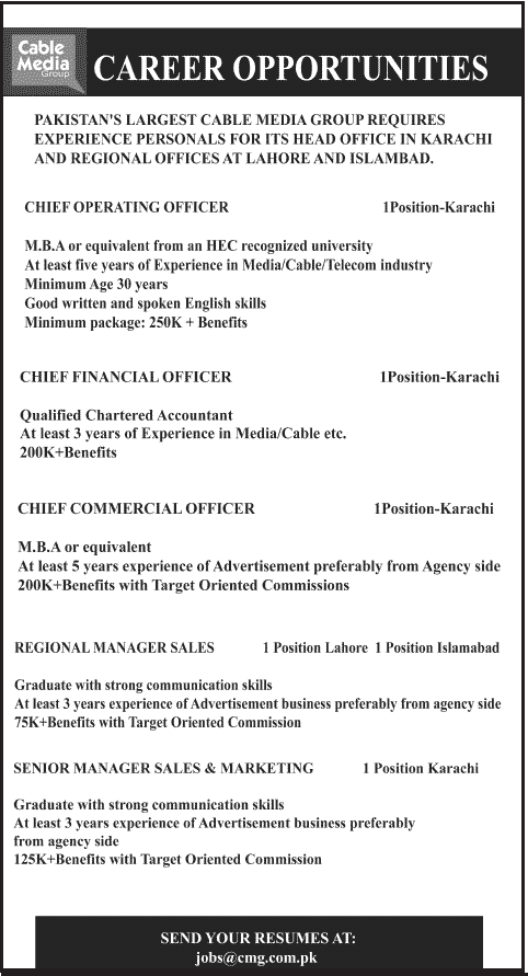 Cable Media Group (CMG) Pakistan Jobs 2013 September