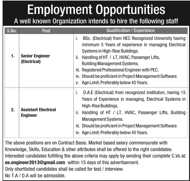 Electrical Engineering Jobs in Pakistan 2013 September