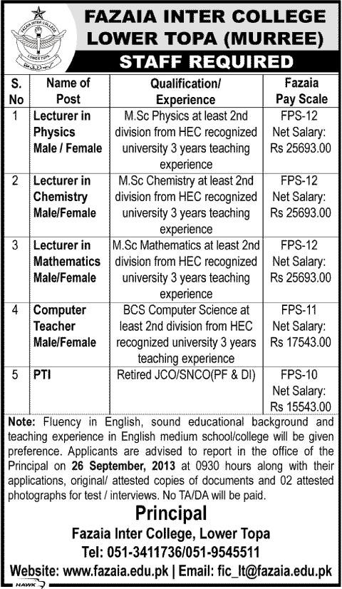 Fazaia Inter College Lower Topa Murree Jobs 2013 September for Lecturer, Teacher & Physical Training Instructor