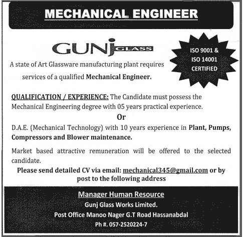 Mechanical Engineering Jobs in Hassan Abdal Attock 2013 September at Gunj Glass